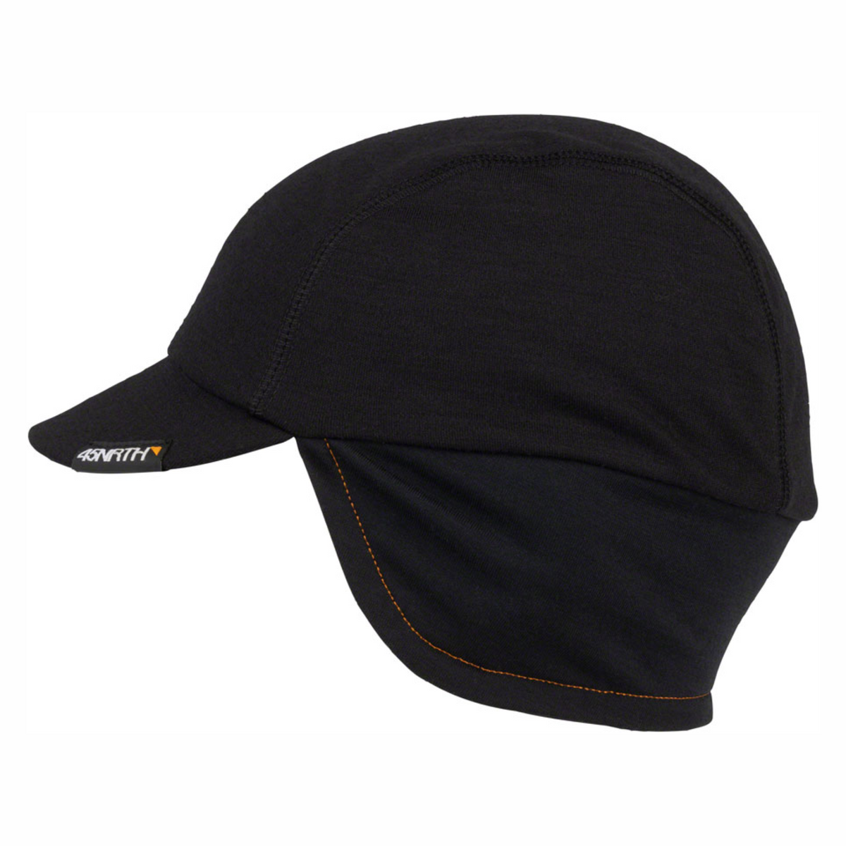45NRTH Greazy black Merino wool blend winter cycling cap with extended ear coverage and flexible brim, designed to fit comfortably beneath a bicycle helmet.