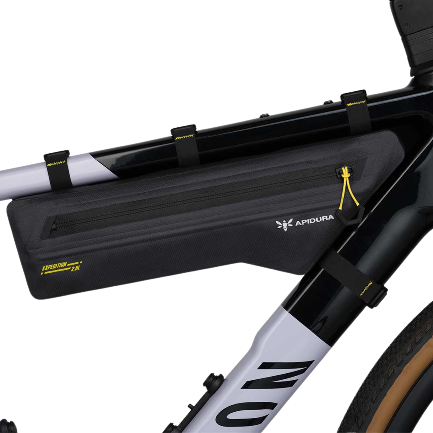 Bicycle with a black Apidura Expedition series bikepacking frame bag attached to the frame on a white background