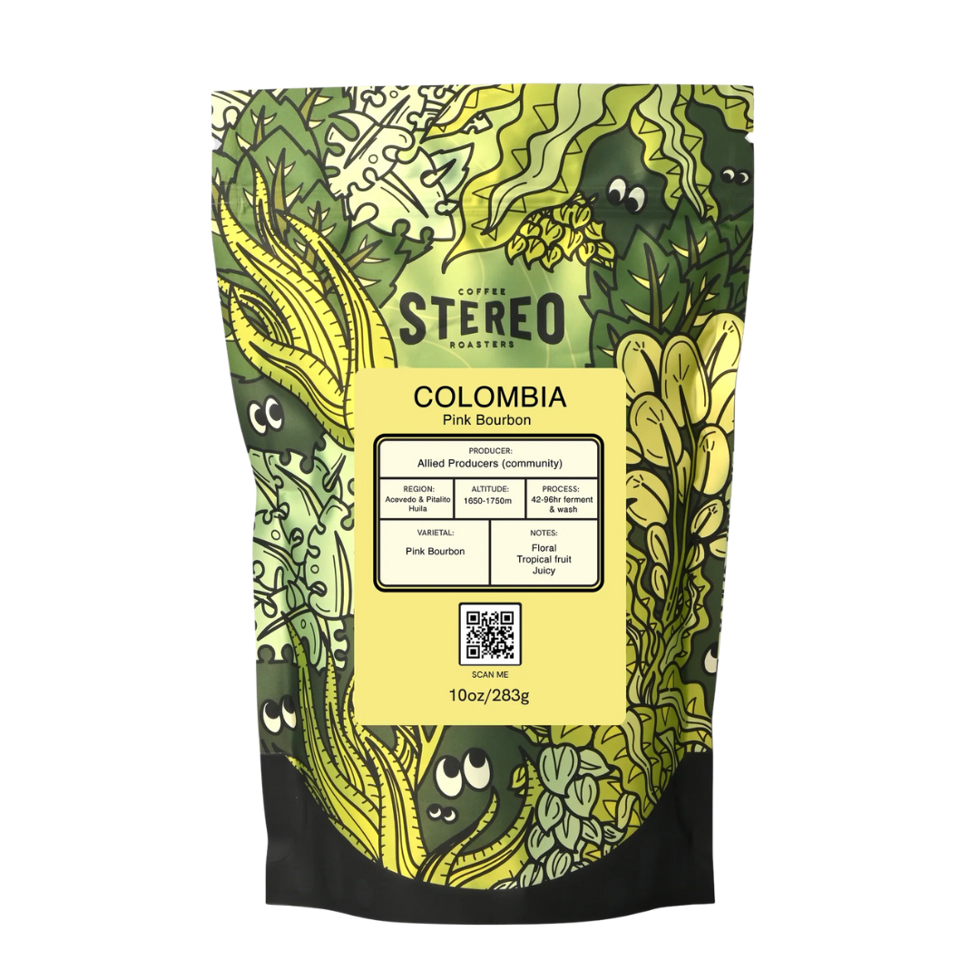 A 10oz bag of Stereo Coffee Roasters Colombia Pink Bourbon, standing upright. The bag features a minimalist design with the Stereo logo and coffee details printed on the front.