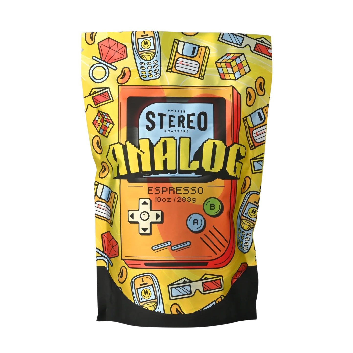 Front of Coffee Stereo Analog Espresso 10oz bag with minimalist black label and logo