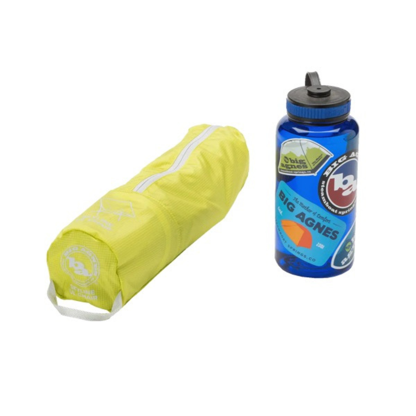 Big Agnes Skyline UL packable camping chair in Primrose colour on white background next to a Nalgene water bottle