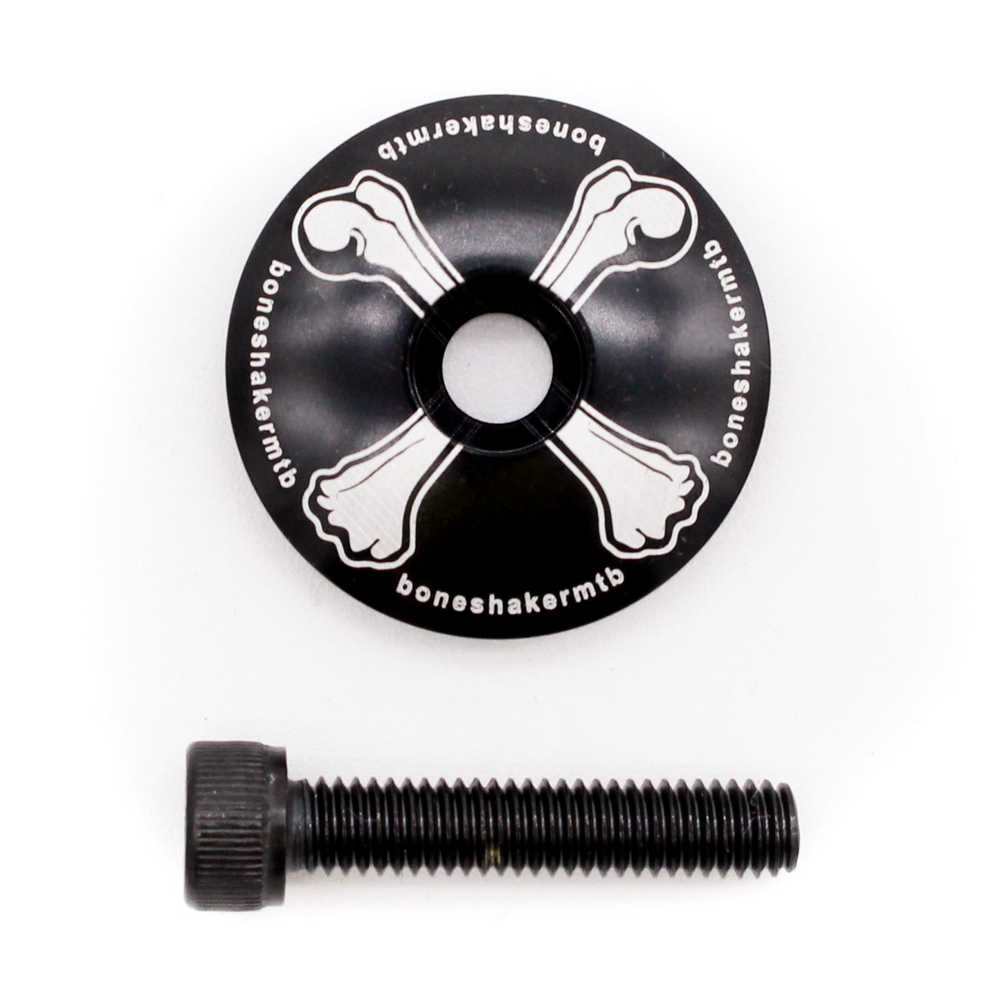 BoneshakerMTB “Crossbones” stem top cap with etched bones logo