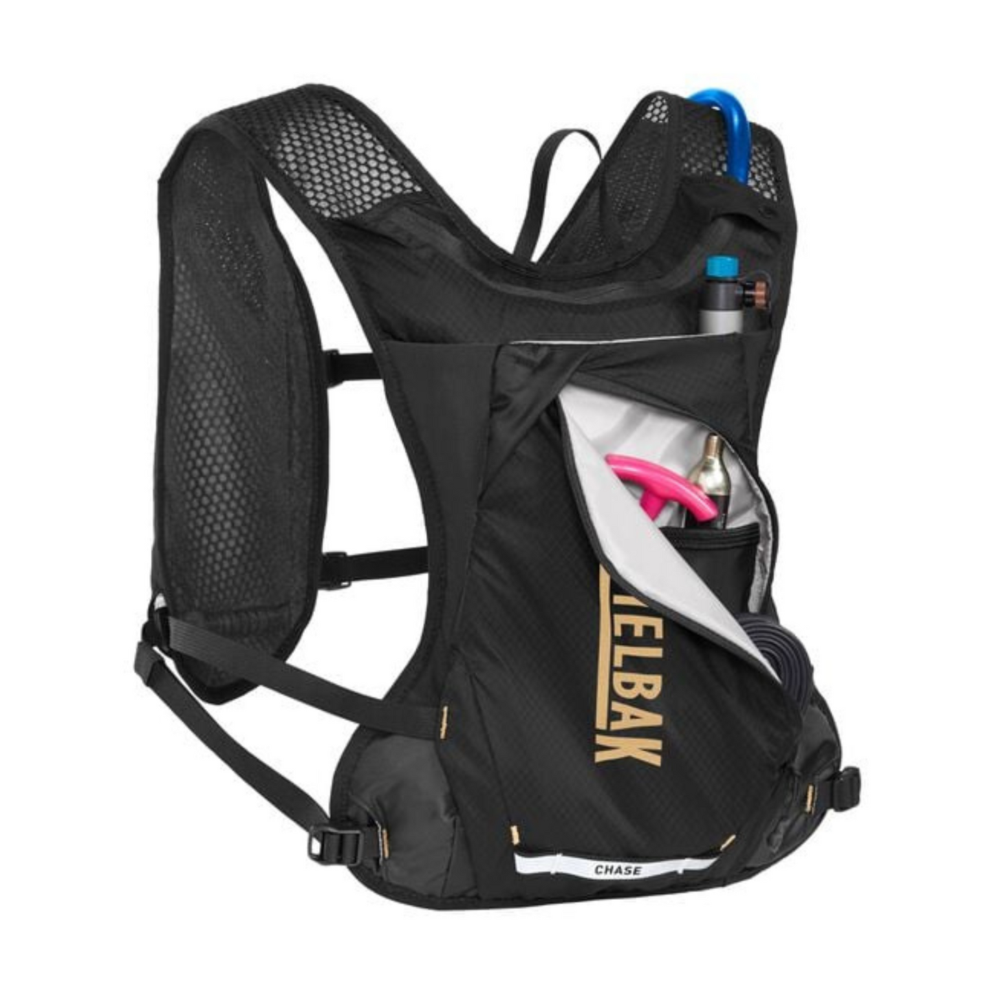 CamelBak Chase Race 4 hydration vest rear angled view with pockets being used