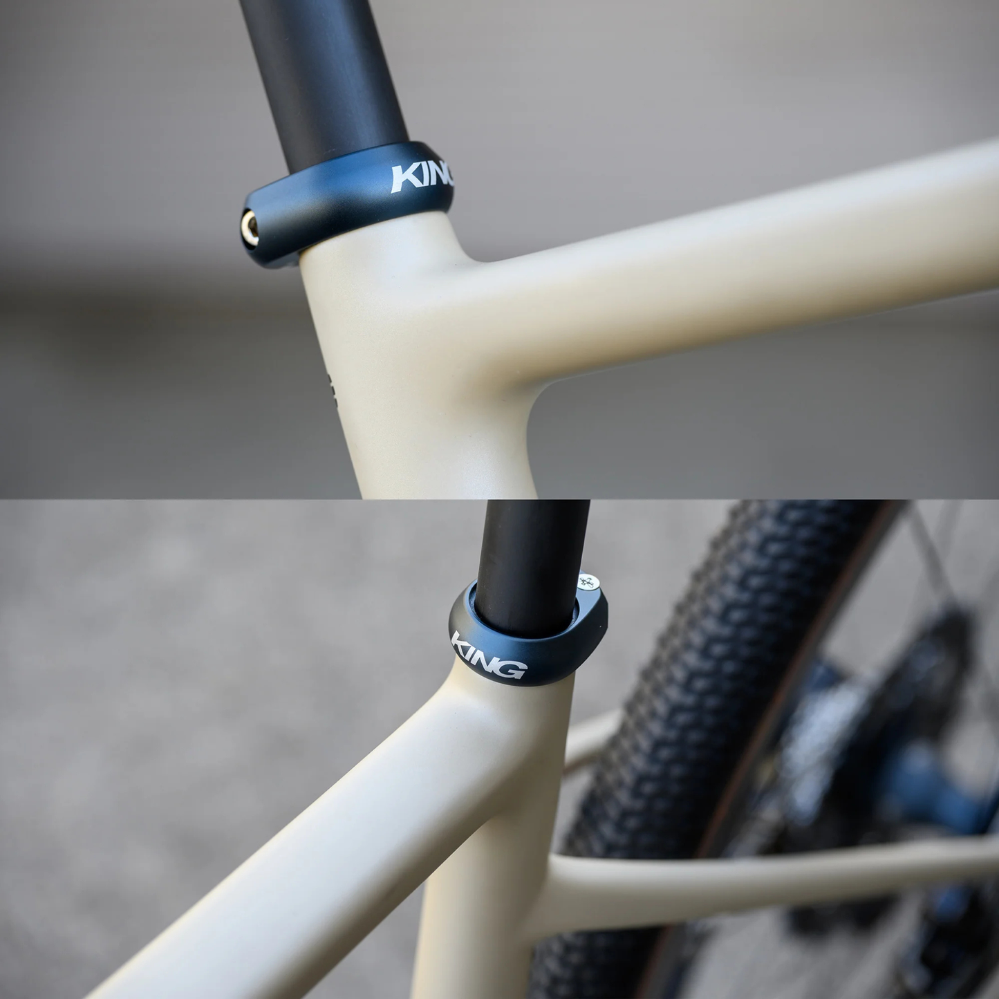 Close-up of a bicycle frame with Chris King seat collar installed
