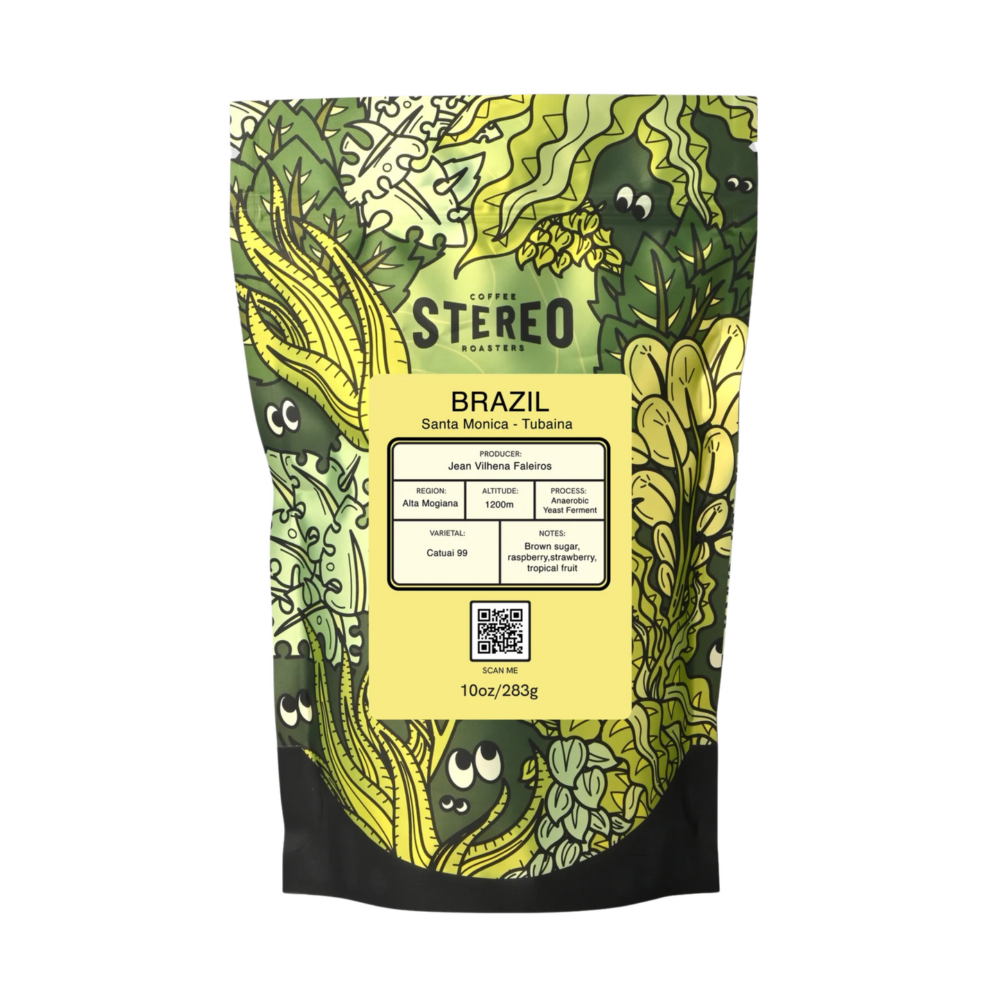 A sealed 10oz coffee bag labeled Brazil Tubaina from Coffee Stereo Roasters, standing upright on a table with clear branding and tasting notes visible on the front