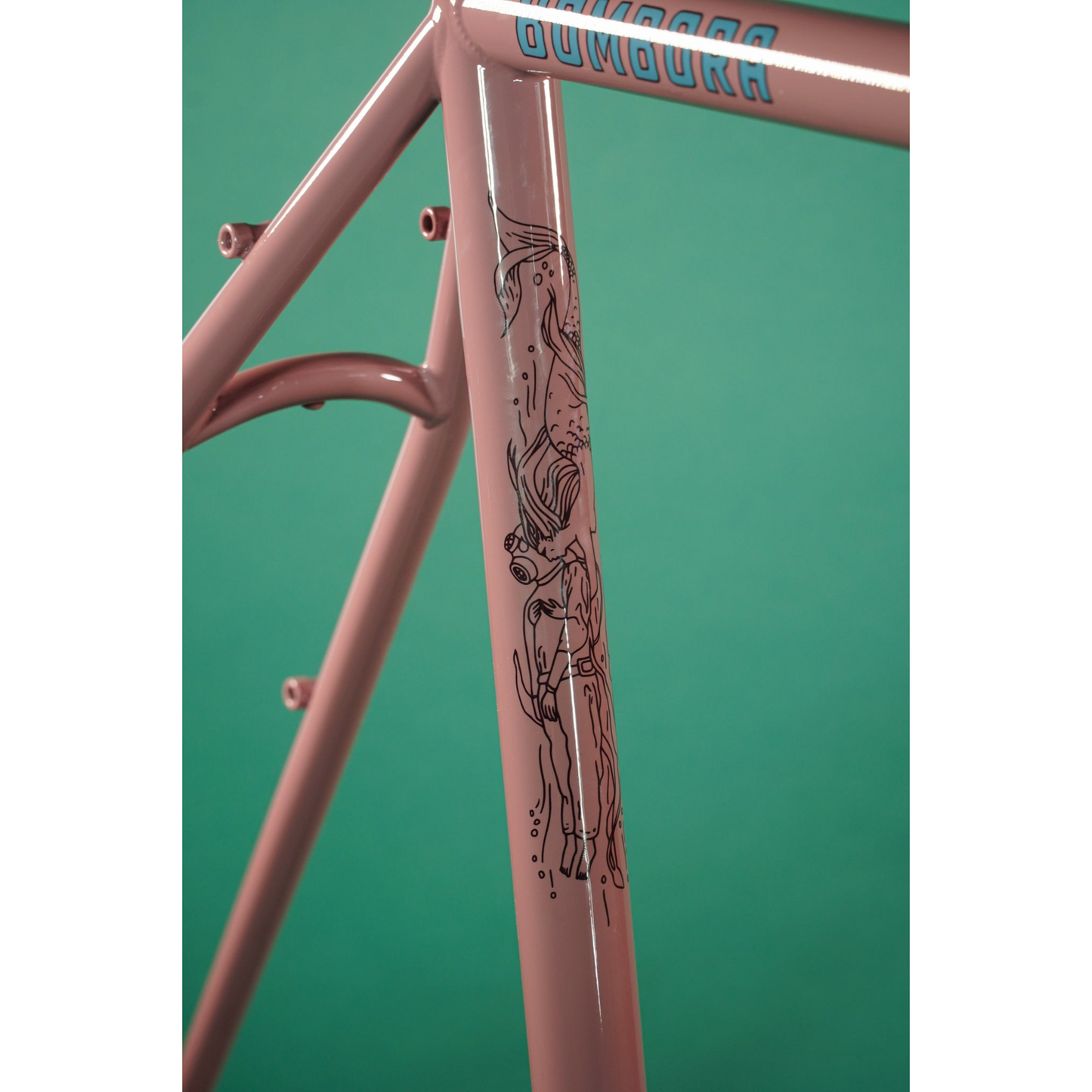 Crust Bombora Chromoly Gravel Frameset pastel violet colour showing the artwork on the seat tube