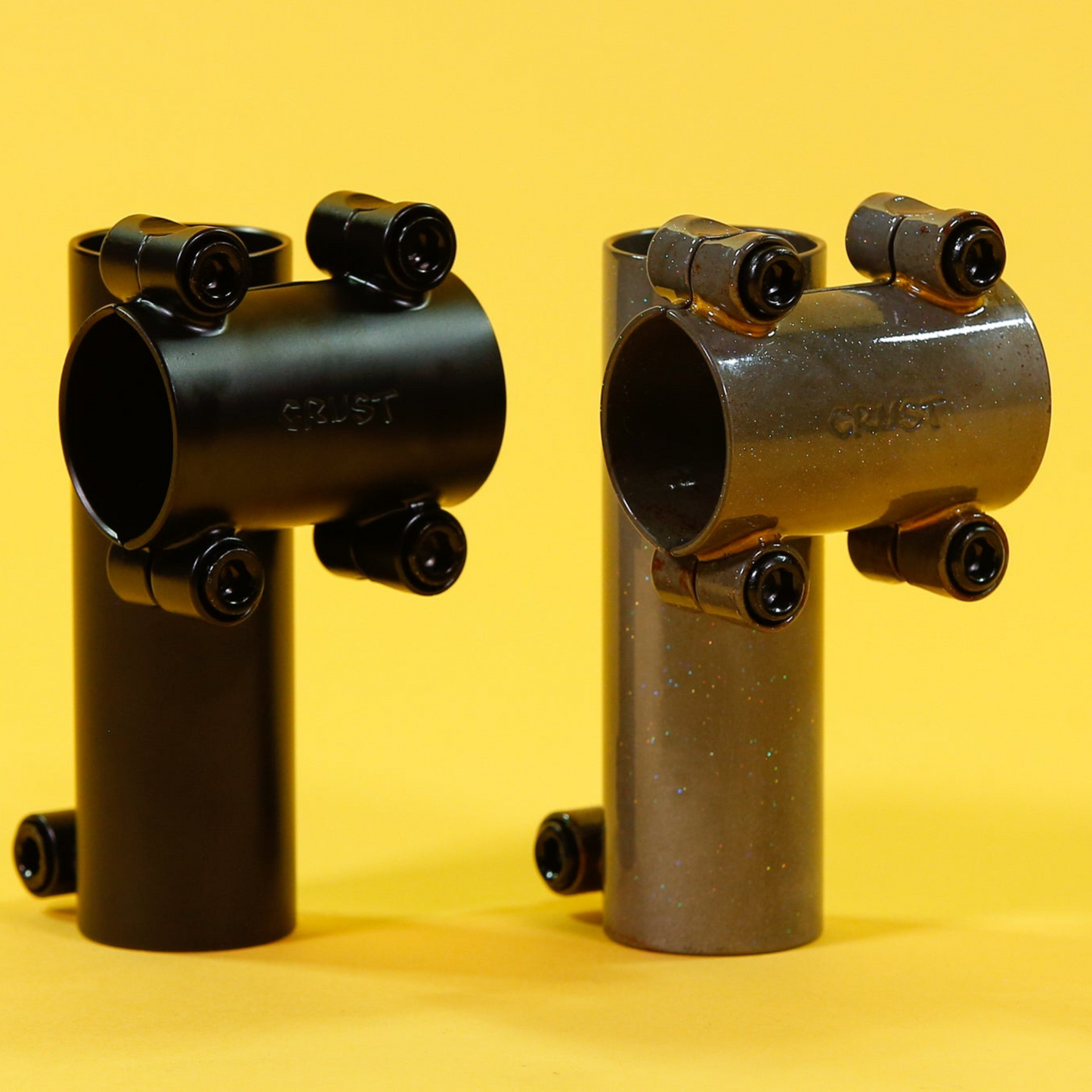 Crust SST “Tall Shorty” Stem in matte black and rainbow flake clear.