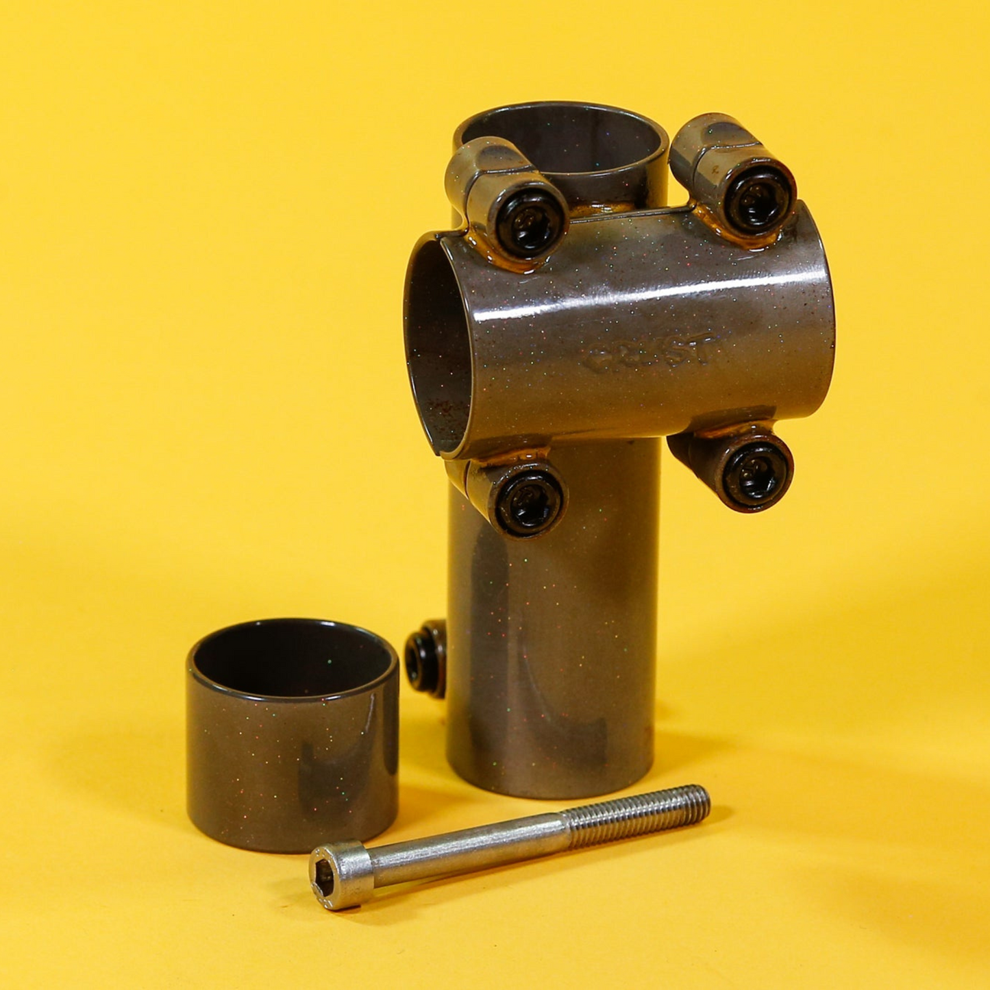 Crust SST “Tall Shorty” in rainbow flake clear with 60mm bolt and 25mm spacer.