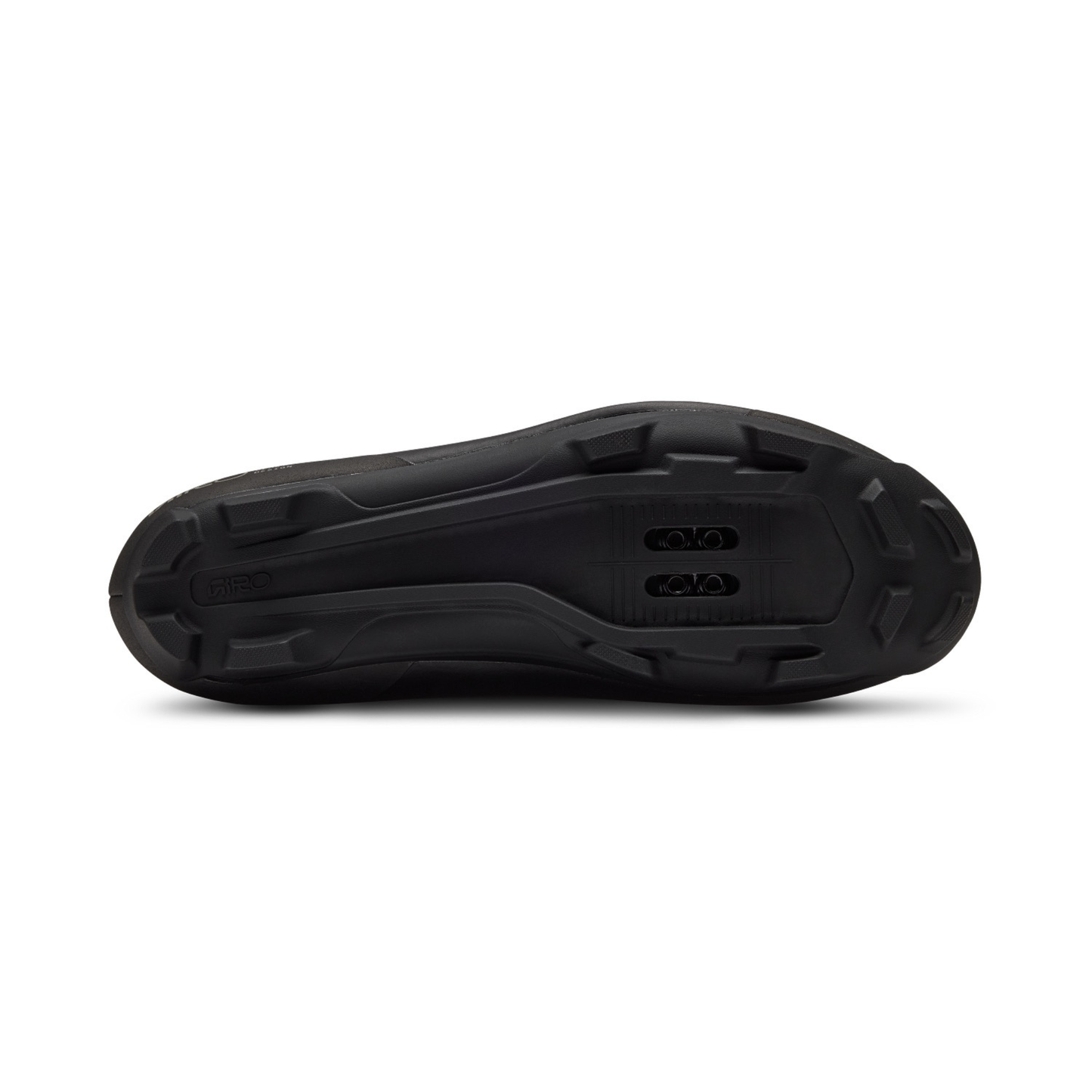 A close-up, bottom view of the Giro Stylus XC Lace-Up cycling shoe sole, black colour way