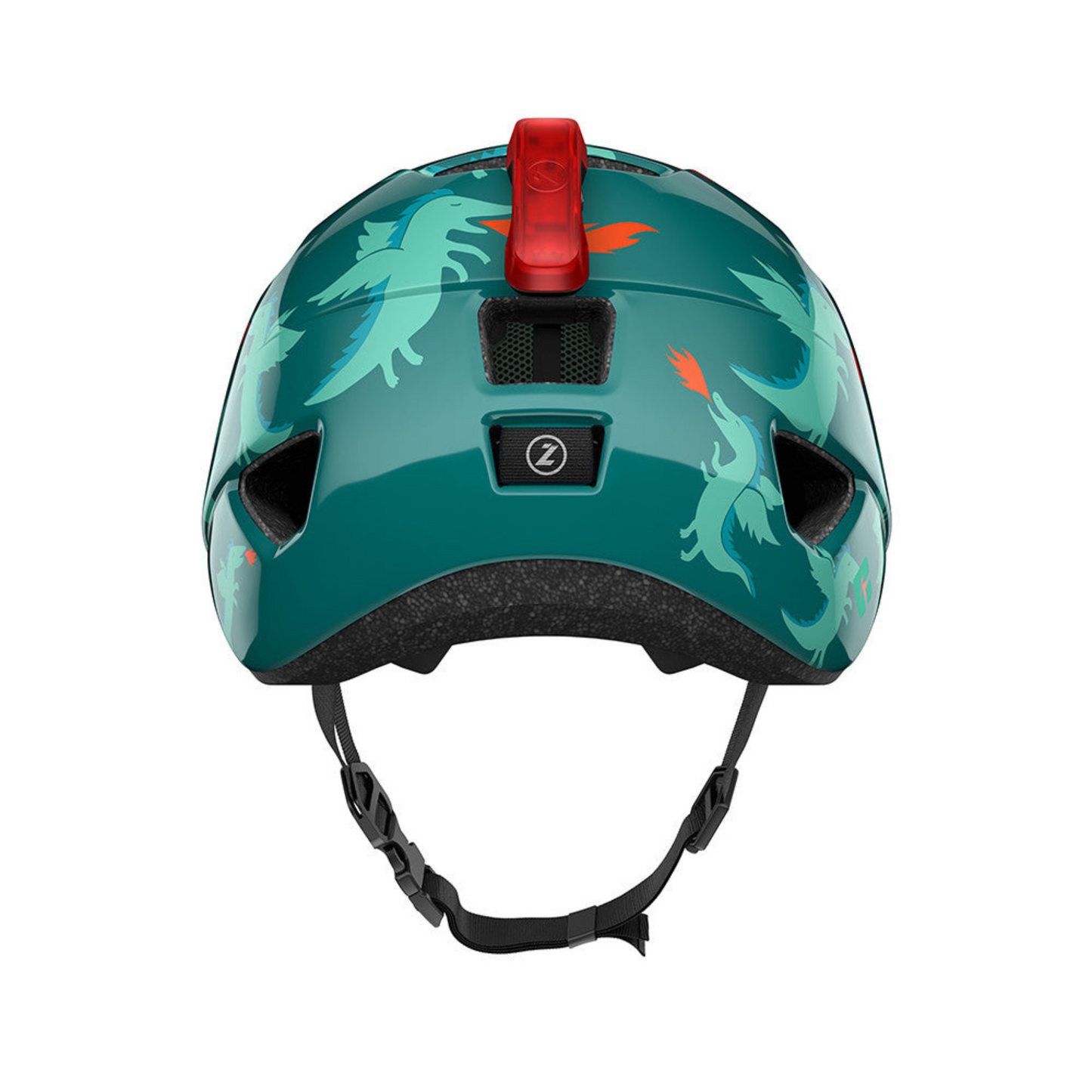Lazer Nutz KinetiCore 2.0 kids helmet dragons colour, back side of helmet with optional LED rear light
