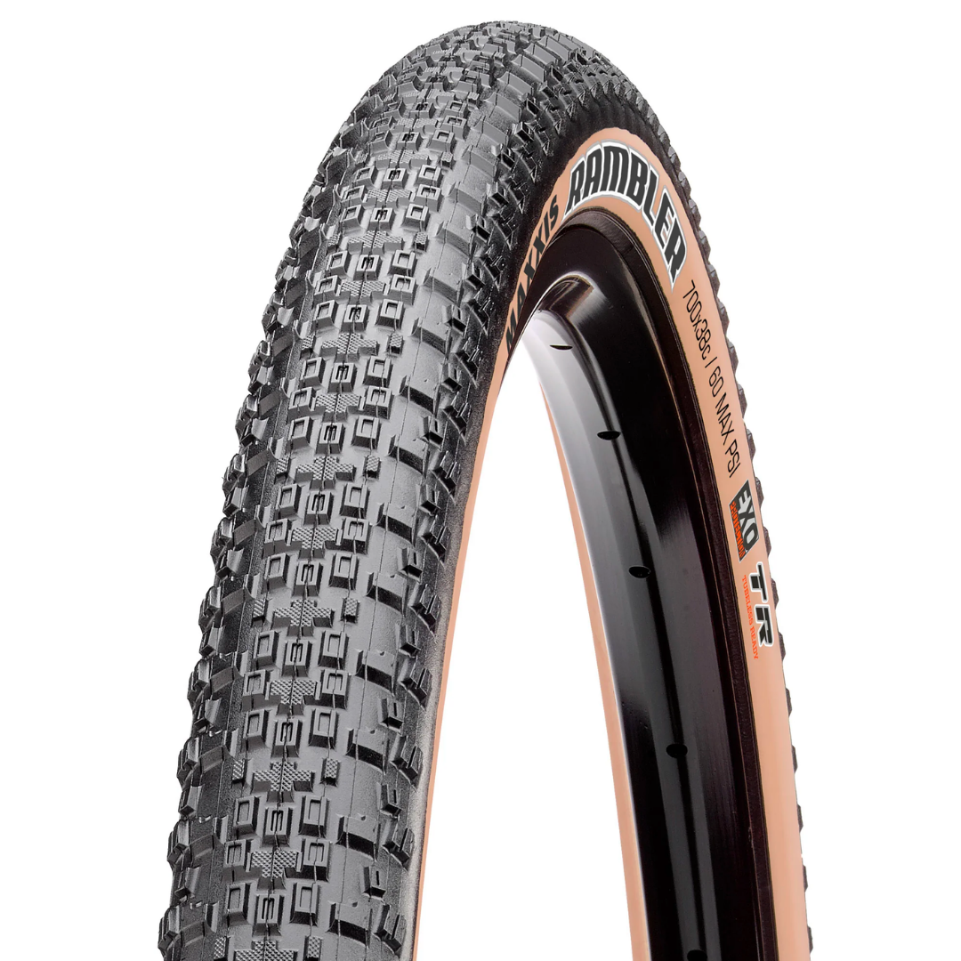 Maxxis Rambler gravel tire with tan sidewall