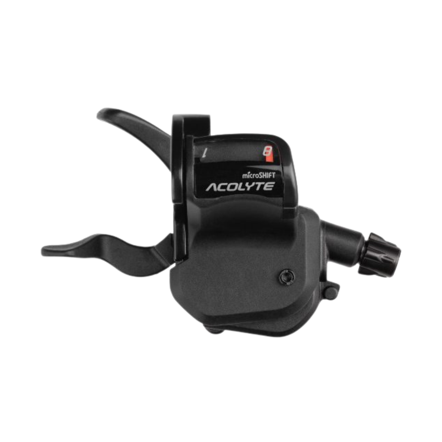 Close-up of microSHIFT Acolyte Xpress 8-speed right shifter with optical gear indicator