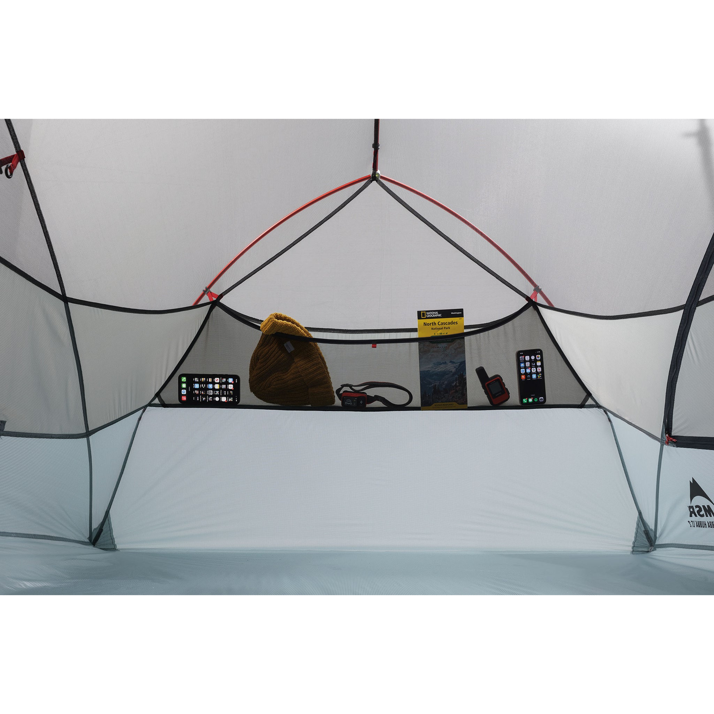 MSR Hubba Hubba LT 2‑Person Tent gear loft with gear in it