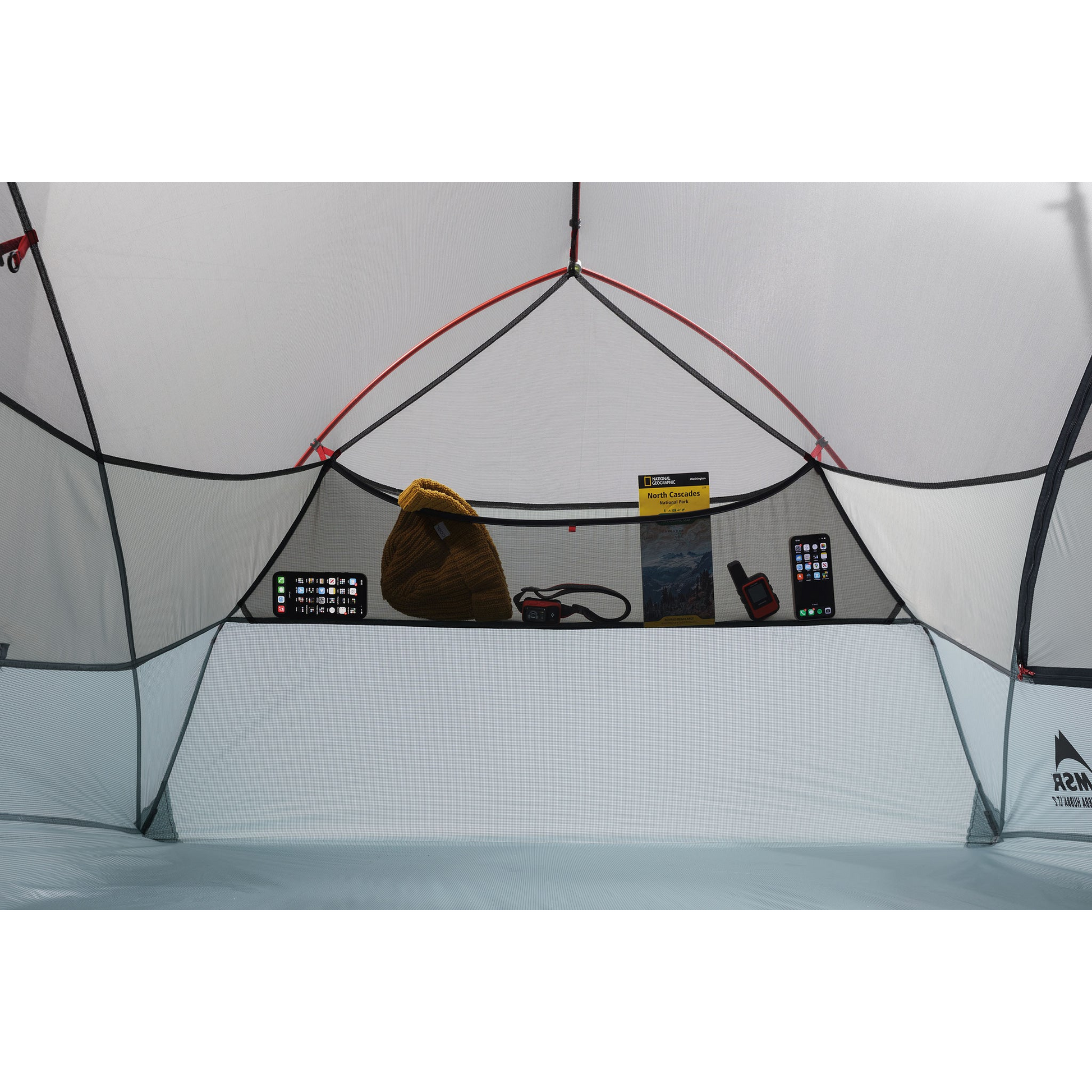 MSR Hubba Hubba LT 2‑Person Tent gear loft with gear in it