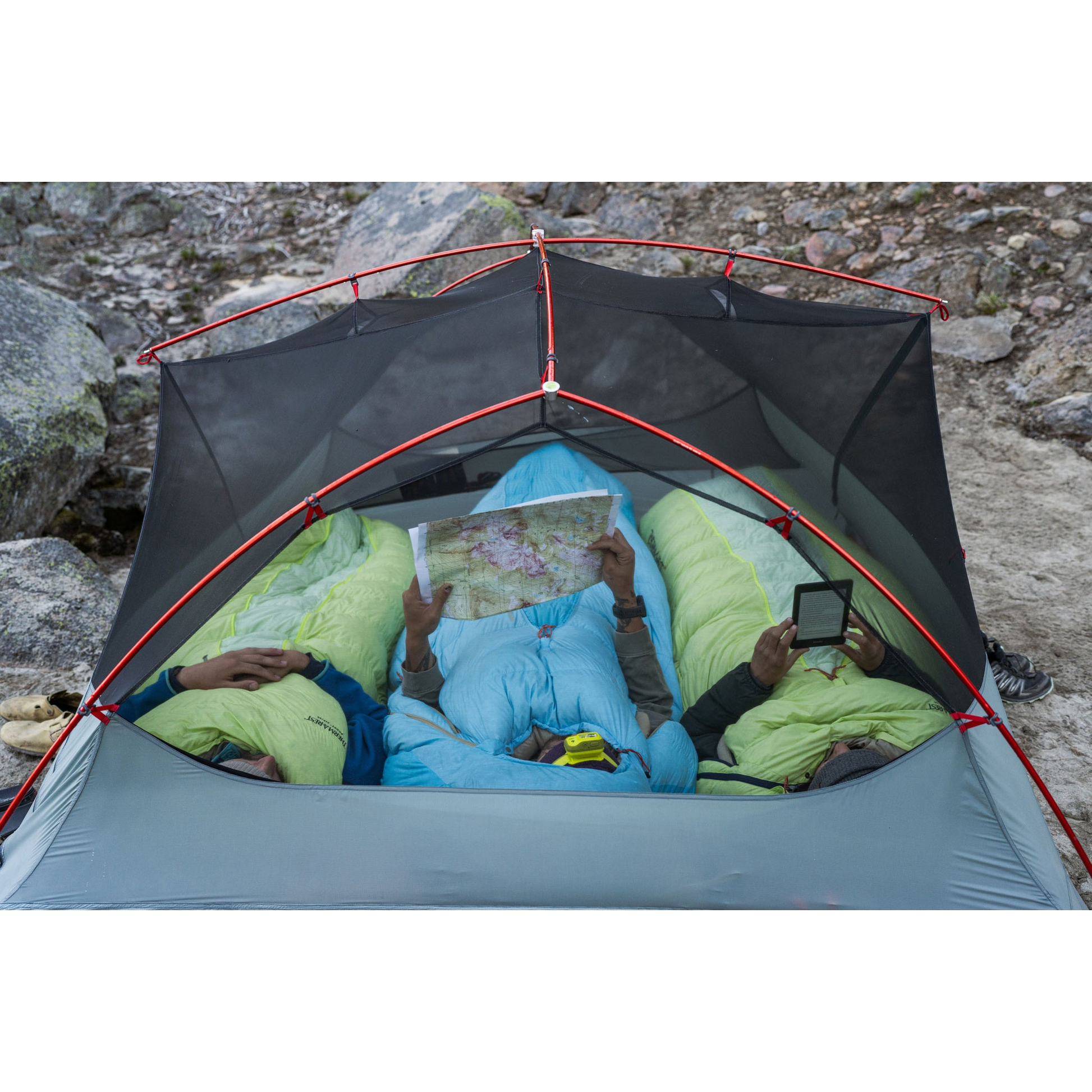MSR Hubba Hubba LT 1‑Person Tent pitched with 3 people in it