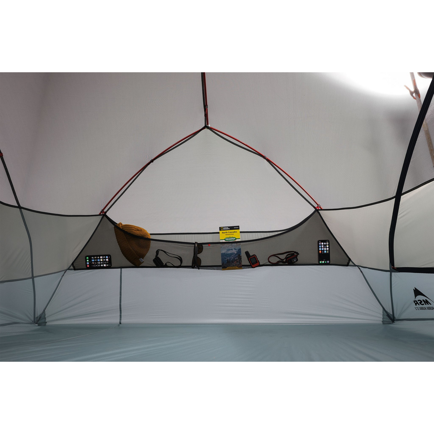MSR Hubba Hubba LT 3‑Person Tent gear loft with gear in it