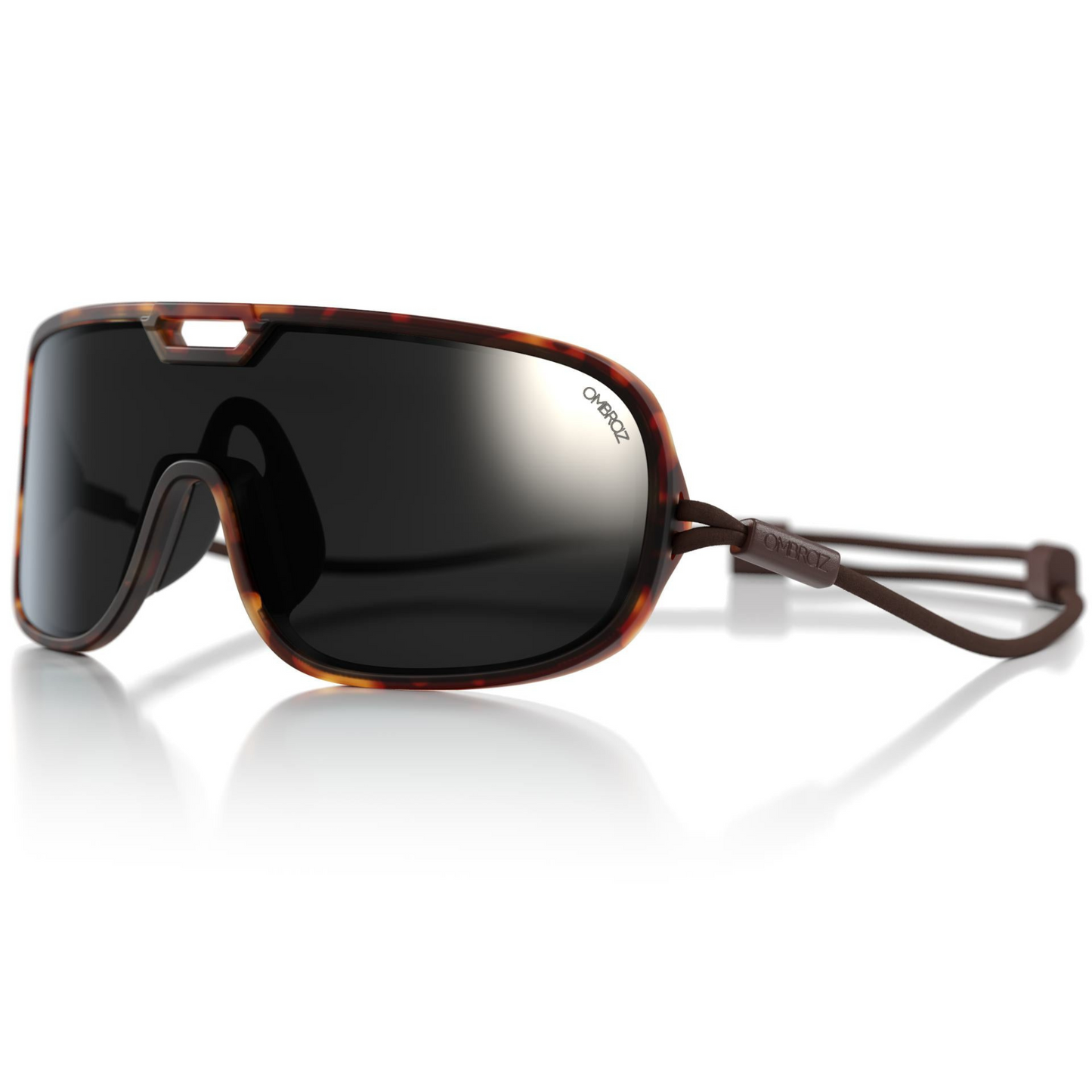 Ombraz Refugio Armless Sunglasses in Tortoise Frame Colour with Grey with Black Mirror lens angle view