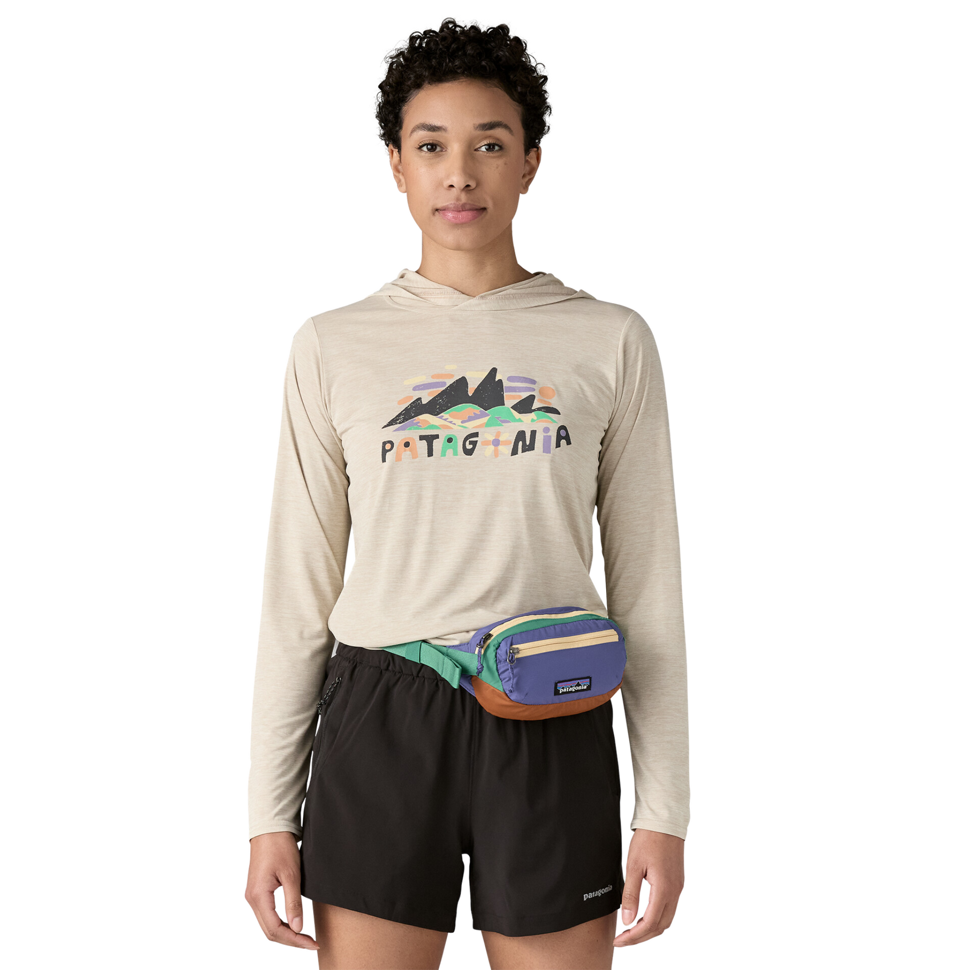 Patagonia Terravia Mini Hip Pack 1L in Solstice Purple worn around waist