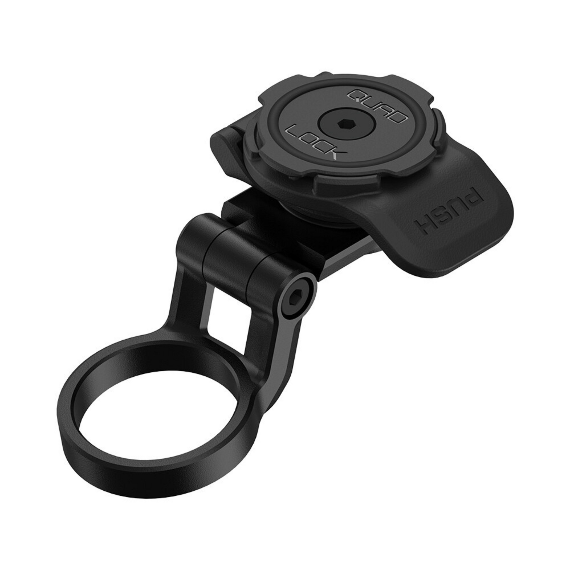Quad Lock Adjustable Stem Cap Mount on stem, dual-stage twist-lock, adjustable hinge