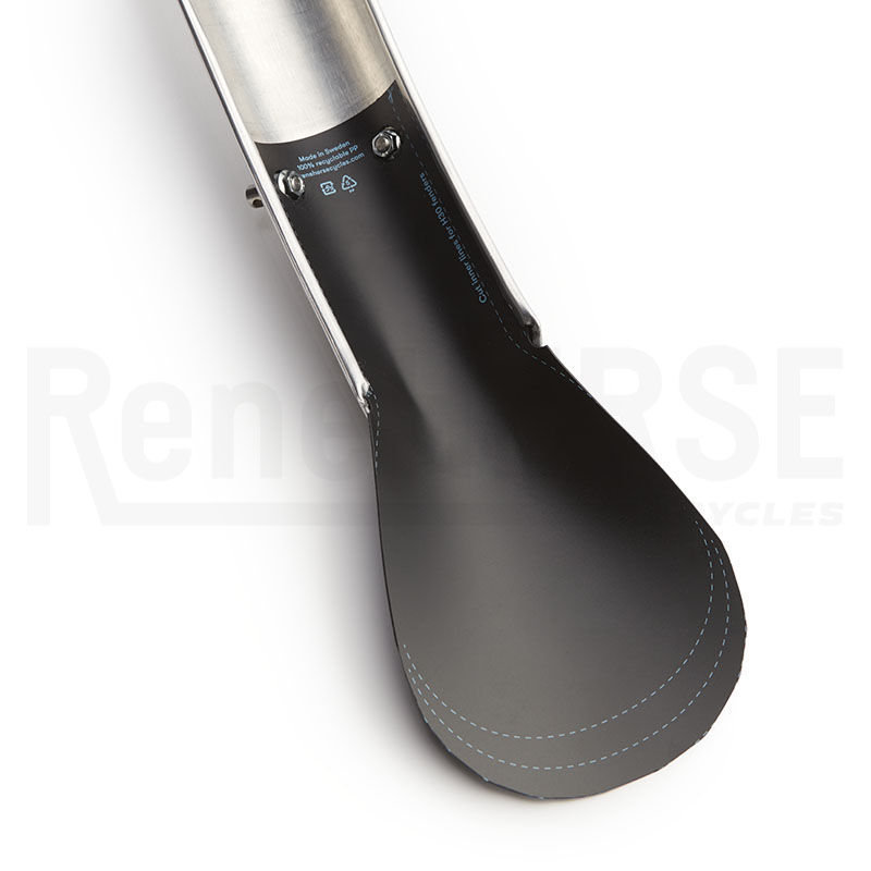 Close up of Rene Herse mudflap installed on a fender back detail