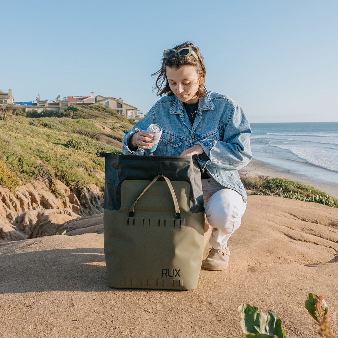 Rux Life Soft Cooler Bag 25L in green designed for keeping food and beverages cold for camping, biking, road tripping and time outside