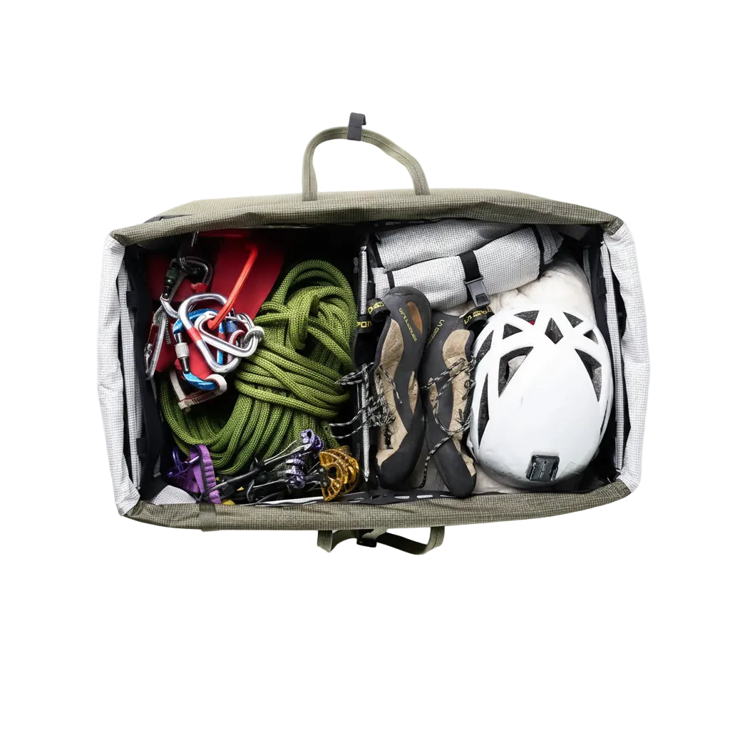 Rux Duffle Box 75L displaying climbing gear