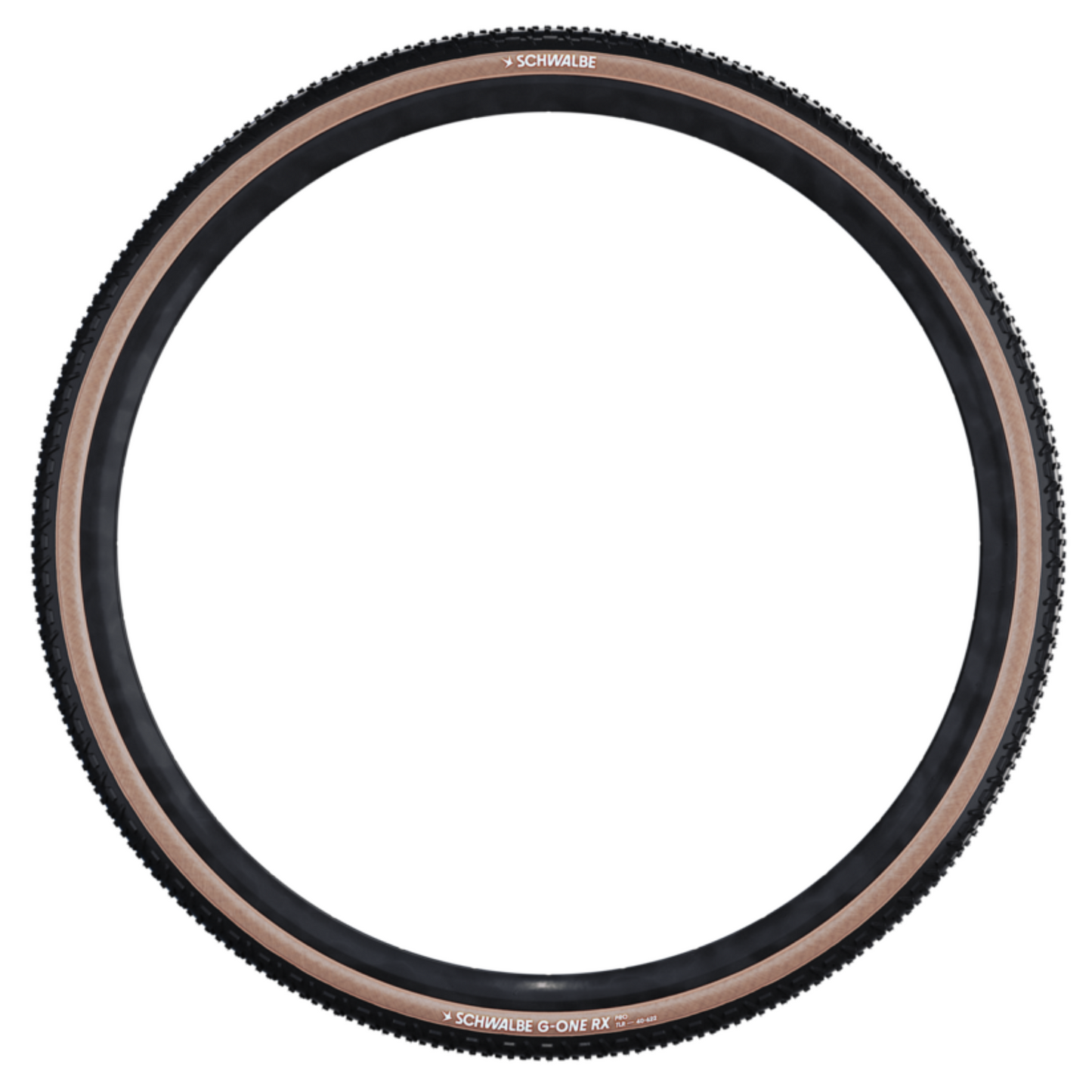 Schwalbe G‑One RX Pro gravel tire with aggressive tread in transparent sidewall colour, side profile