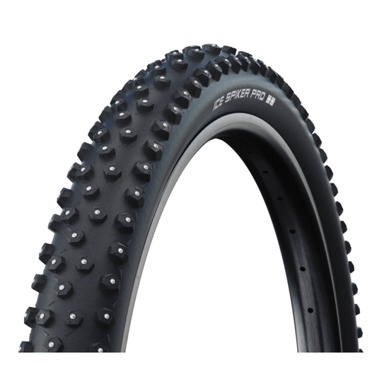 Schwalbe Ice Spiker Tire with tread pattern. Side and tread view.
