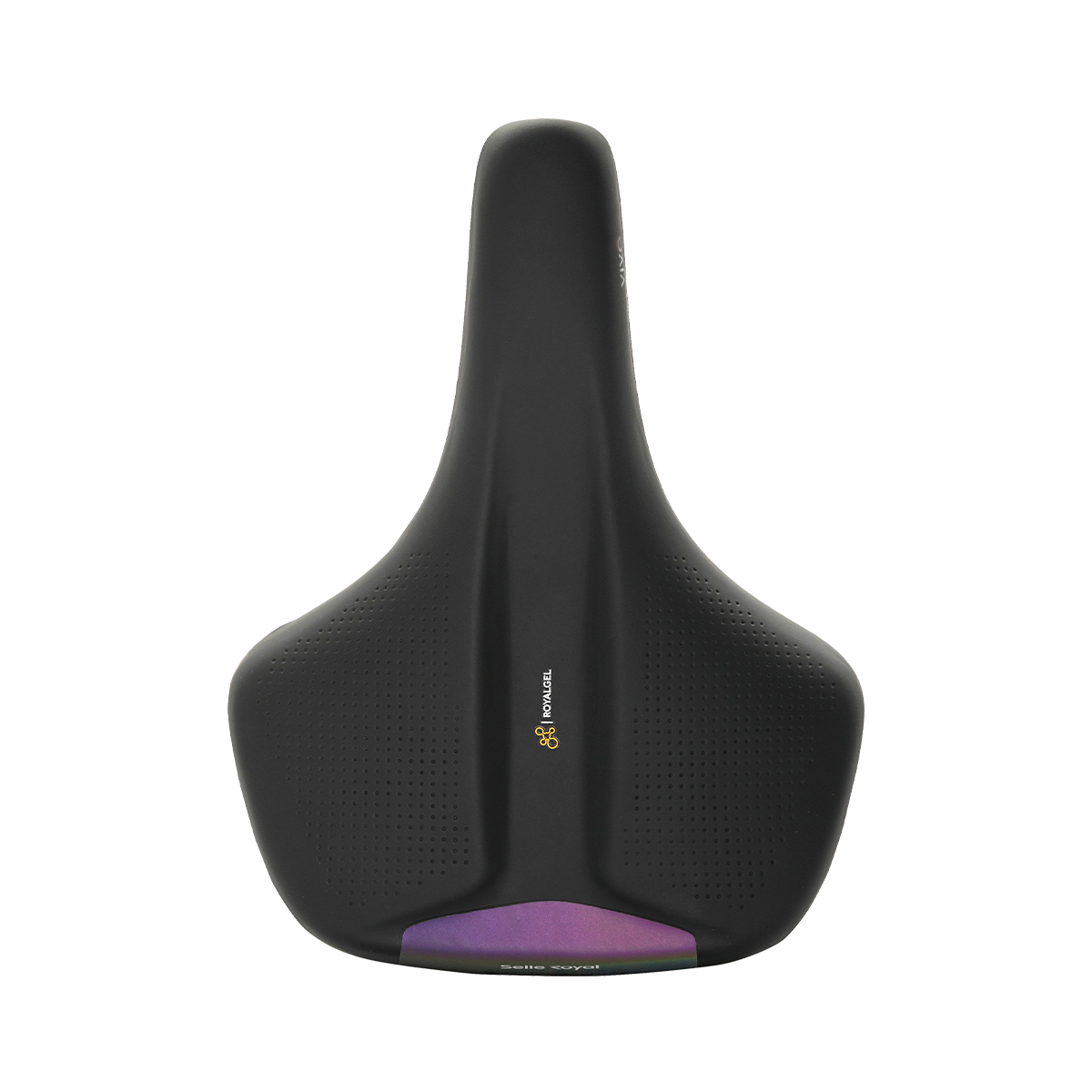 Black bicycle seat with purple accents on a white background