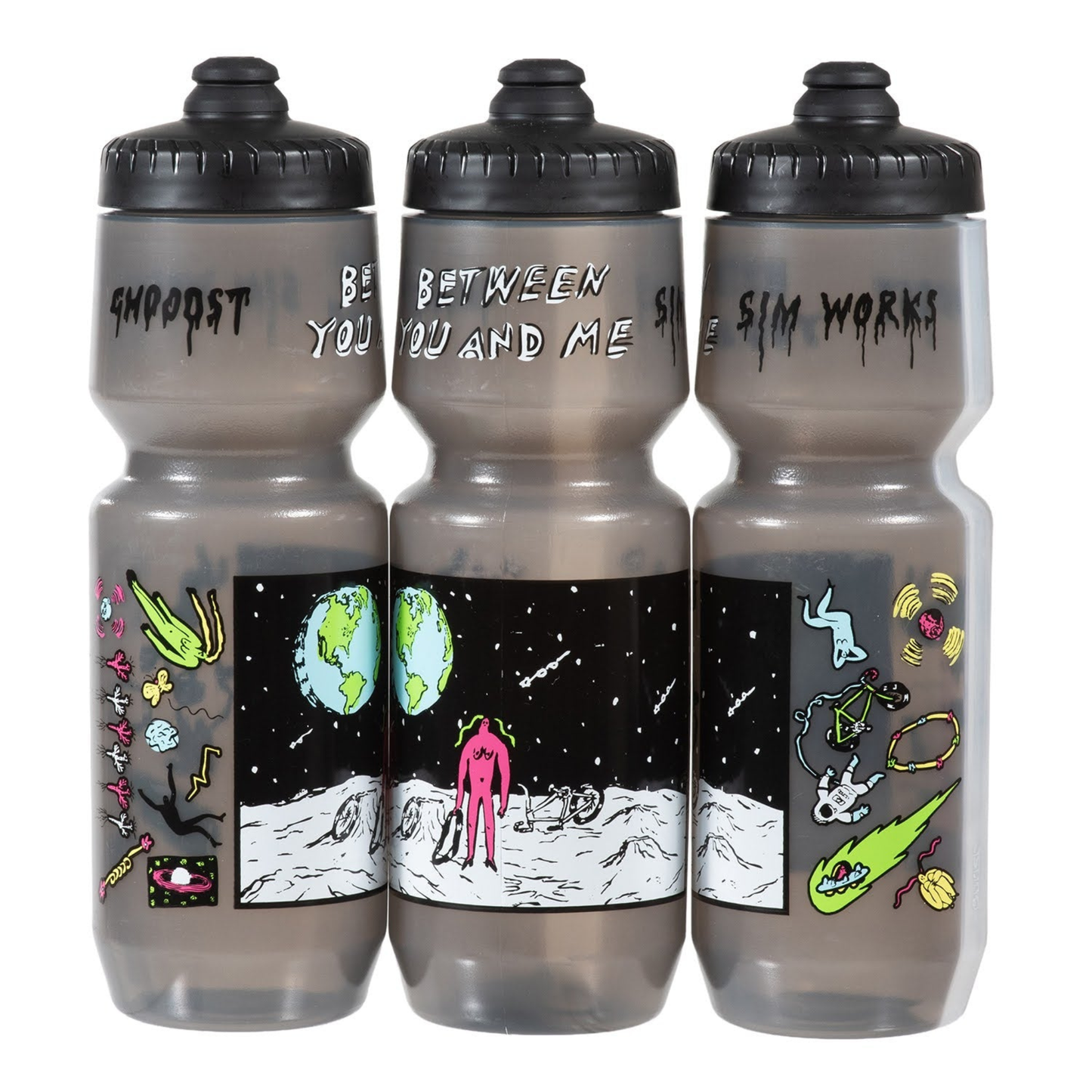 SimWorks Ghooost cycling water bottles line up to show full graphic
