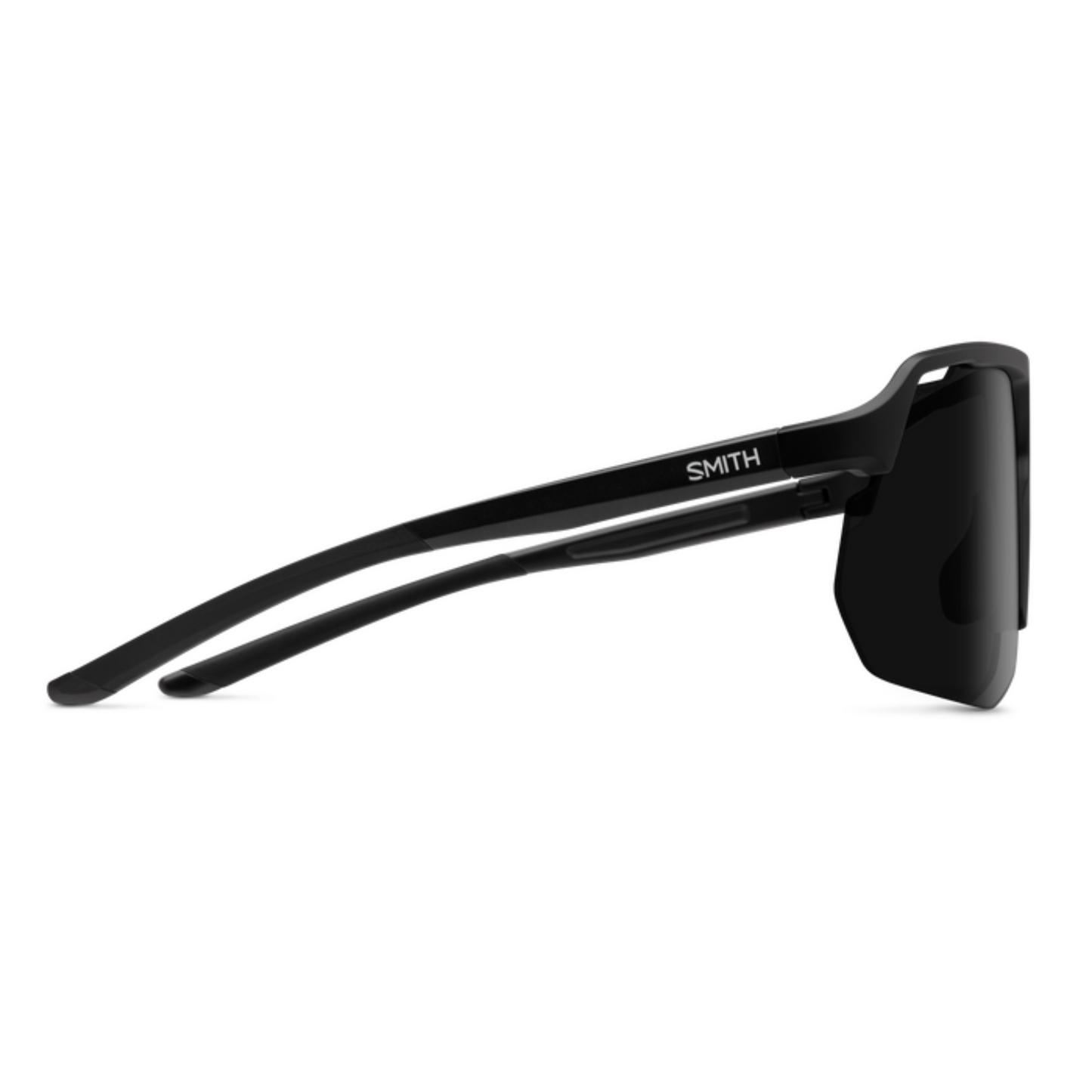 Smith Motive Performance Sunglasses – Matte Black frame with CP Black Mirror lens side arm view