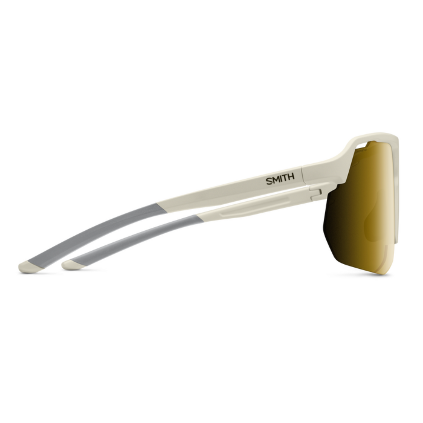 Smith Motive Performance Sunglasses – Matte Bone frame with CP Black Gold Mirror lens side arm view