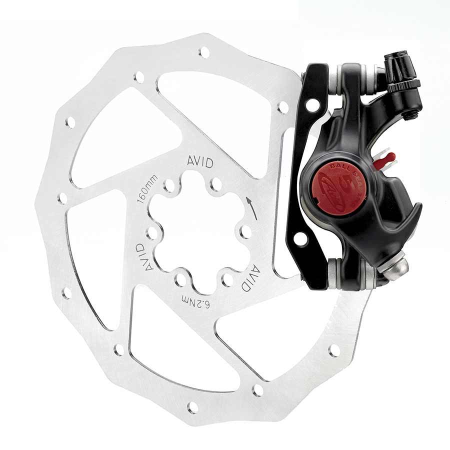 SRAM BB5 Mountain mechanical disc brake caliper mounted on a brake rotor