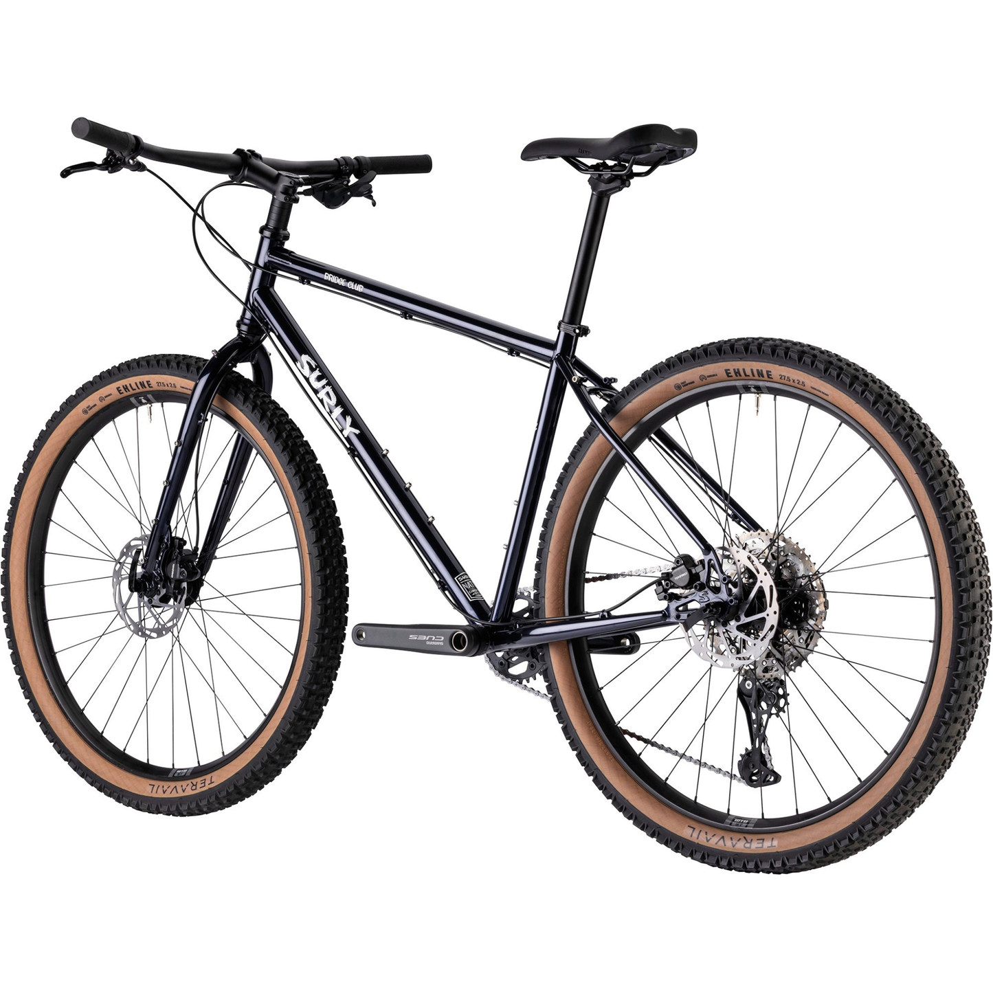 Surly Bridge Club bike in Squid Ink steel adventure bicycle on white background, non drive side rear angle view