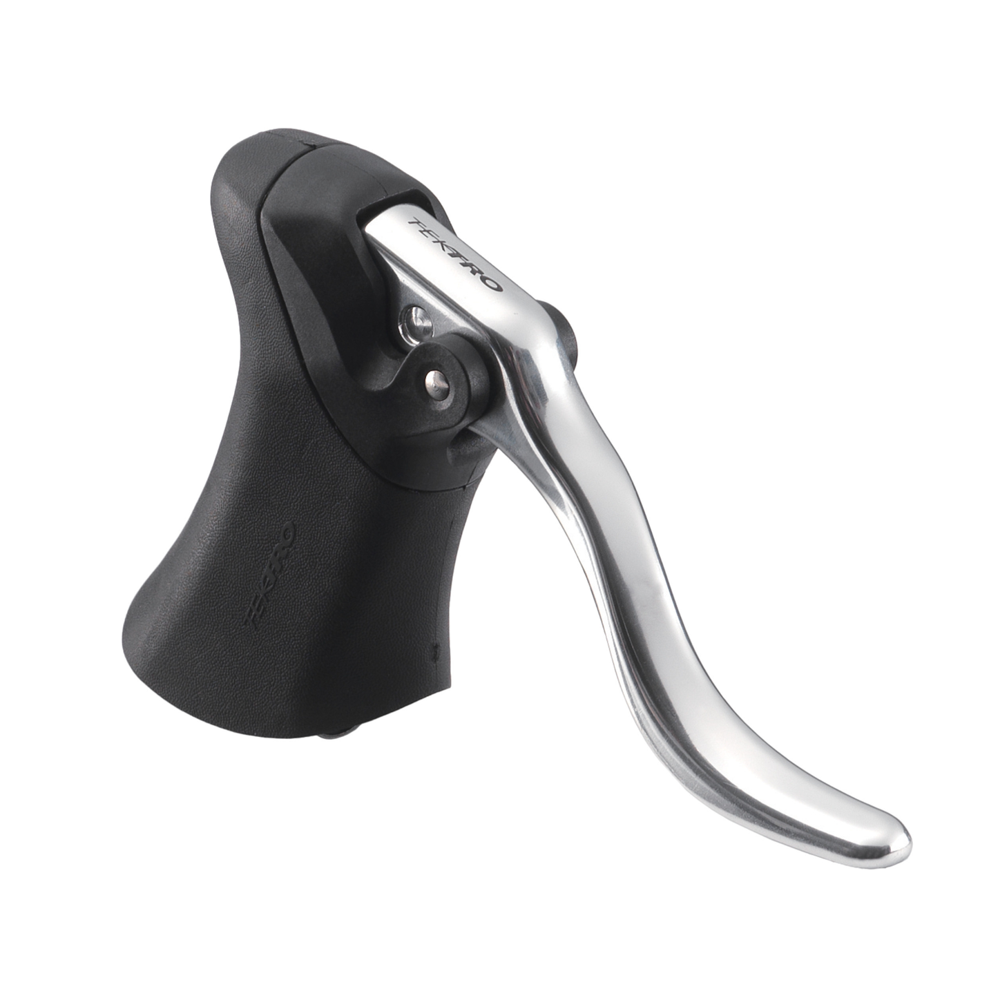 Bicycle brake lever with black grip and silver lever on a white background