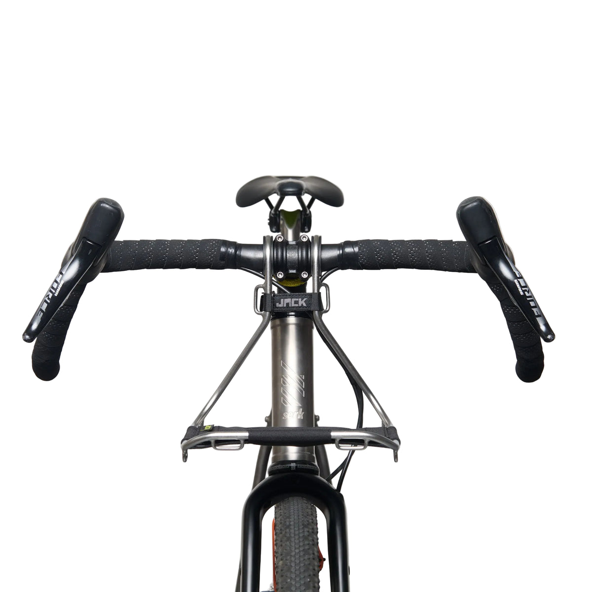 JACK the Bike Rack front bicycle cargo rack mounted at the handlebars for carrying gear on the front of a bike.