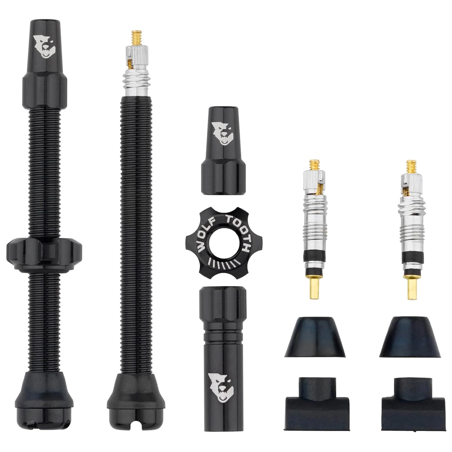Set of bike tubeless valve components 60mm length with Wolf Tooth logo on a white background