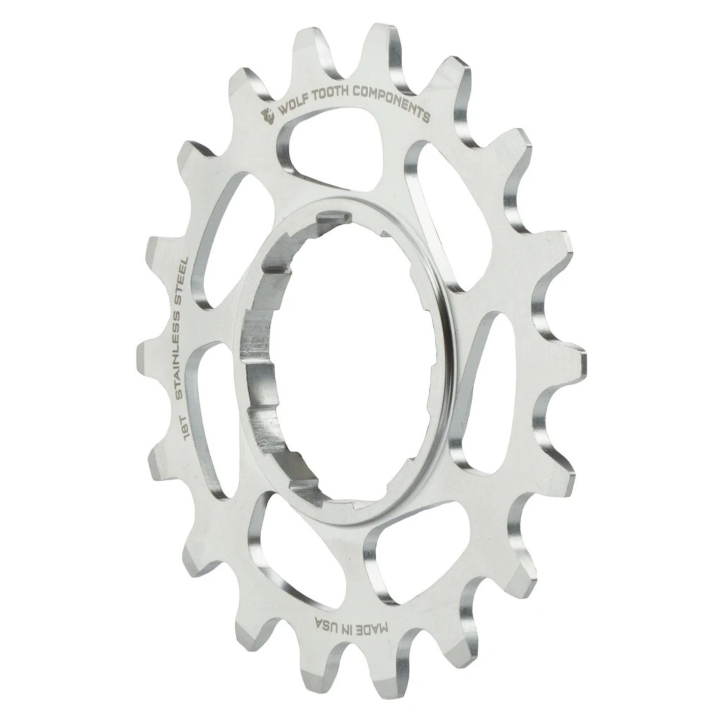 Wolf Tooth stainless steel single speed cog 18 tooth diagonal view