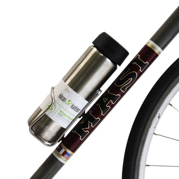 King Cage Stainless Flat Top Bottle Cage Mounted to Downtube with Bottle