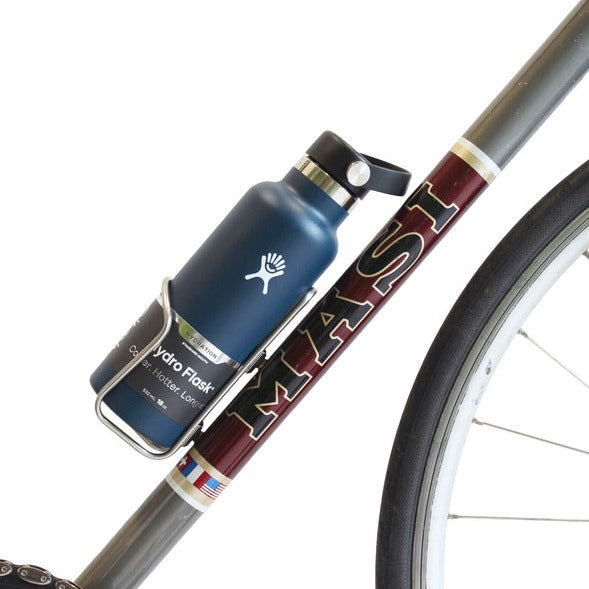 King Cage Stainless Flat Top Bottle Cage Mounted to Downtube