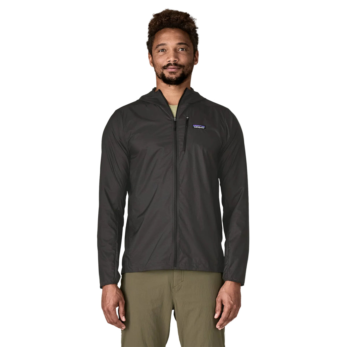 Patagonia Men's Houdini lightweight windbreaker jacket made from recycled nylon ripstop with adjustable hood, zippered chest pocket and reflective P-6 logo.