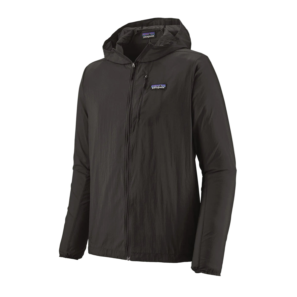 Patagonia Men's Houdini lightweight windbreaker jacket made from recycled nylon ripstop with adjustable hood, zippered chest pocket and reflective P-6 logo.