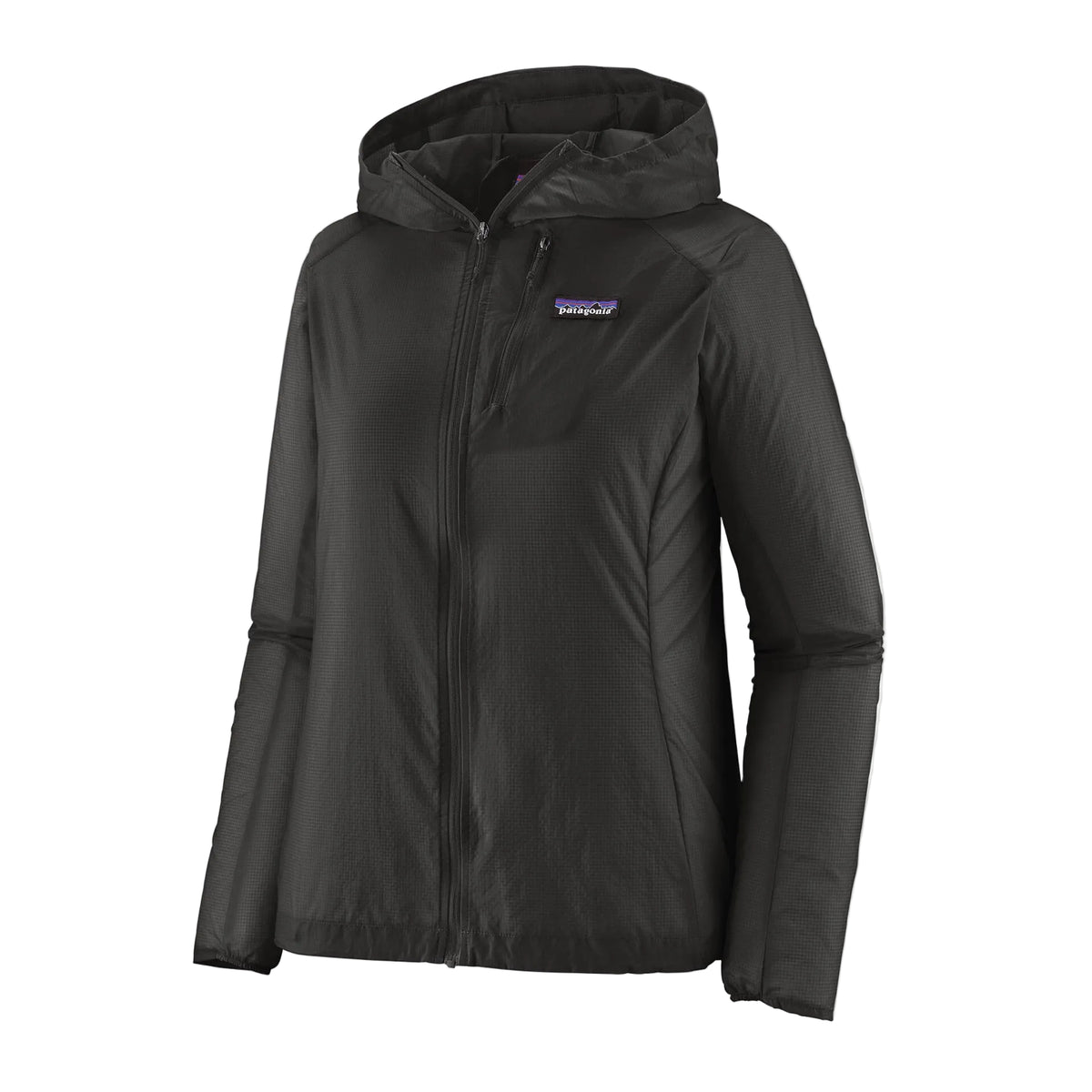 Patagonia Women's Houdini in Black w/Black lightweight windbreaker jacket made from recycled nylon ripstop with adjustable hood, zippered chest pocket and reflective P-6 logo.