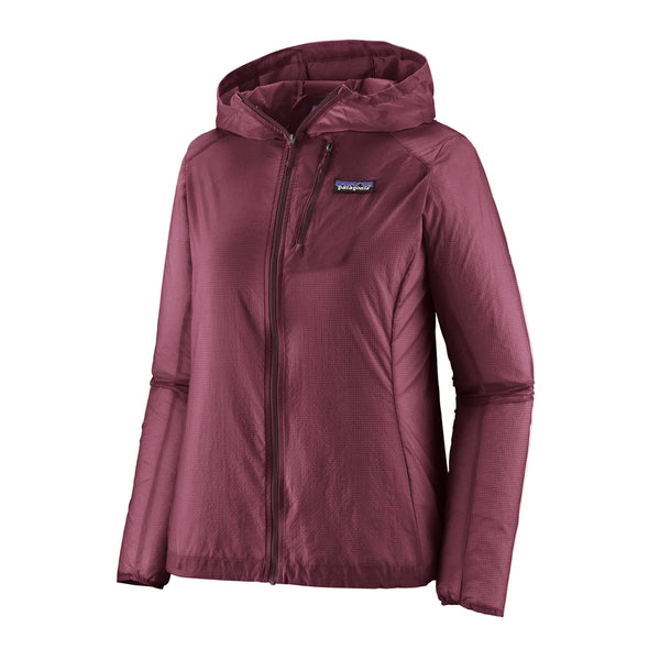 Patagonia Women's Houdini in Berry Fig lightweight windbreaker jacket made from recycled nylon ripstop with adjustable hood, zippered chest pocket and reflective P-6 logo.