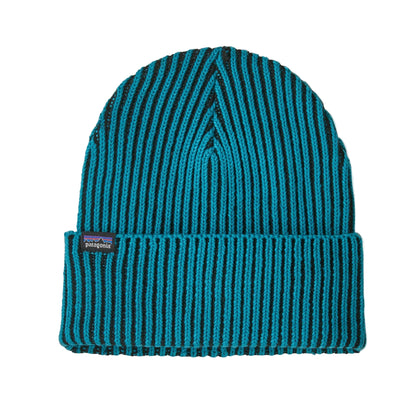 Patagonia Fisherman's Rolled Beanie made from 100% recycled polyester yarn, featuring a classic low-profile fit and rib-knit rolled cuff.