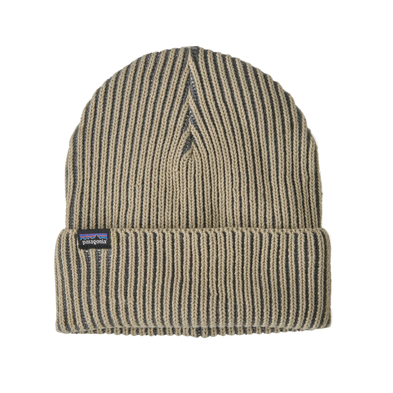 Patagonia Fisherman's Rolled Beanie made from 100% recycled polyester yarn, featuring a classic low-profile fit and rib-knit rolled cuff.
