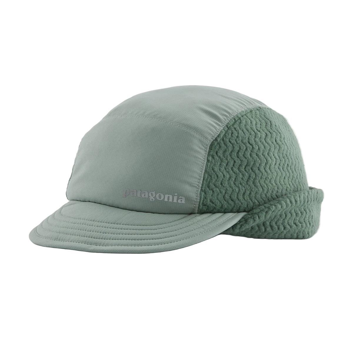 Patagonia Winter Duckbill Cap with recycled polyester ripstop crown, flip-down fleece earflaps, adjustable rear closure and crushable brim.