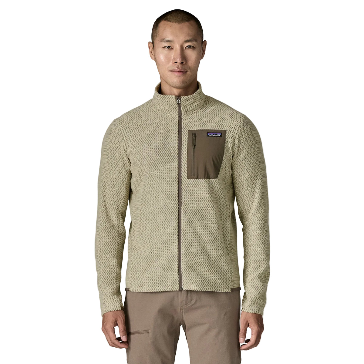 Patagonia Men's R1 Air Fleece Jacket in Pelican with full-length front zipper, zigzag-knit recycled polyester fleece, zippered chest pocket and two front pockets.
