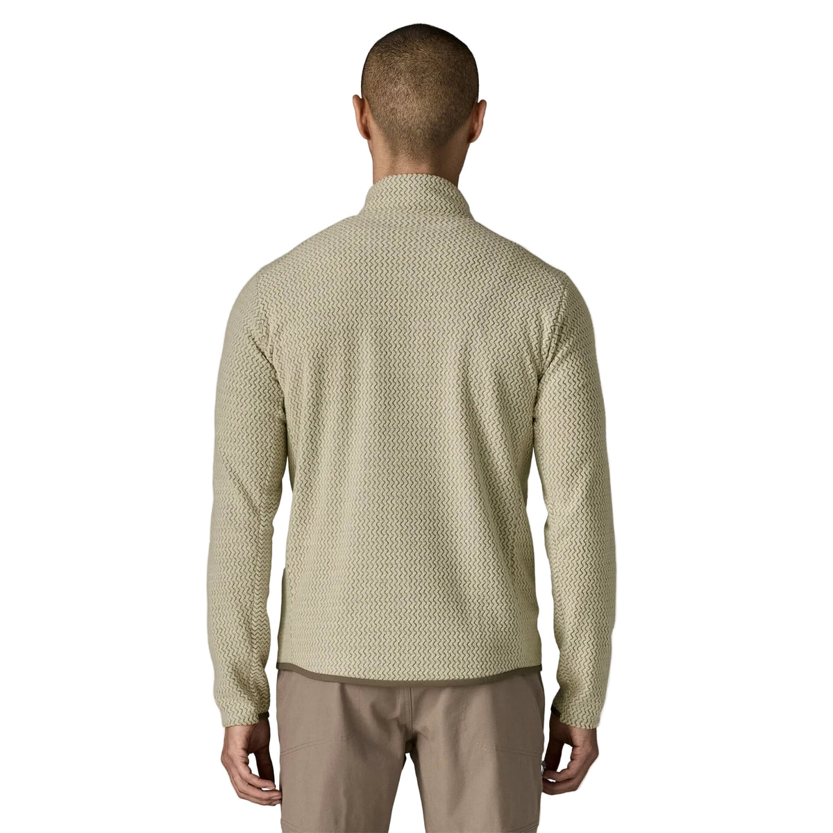 Patagonia Men's R1 Air Fleece Jacket in Pelican with full-length front zipper, zigzag-knit recycled polyester fleece, zippered chest pocket and two front pockets.
