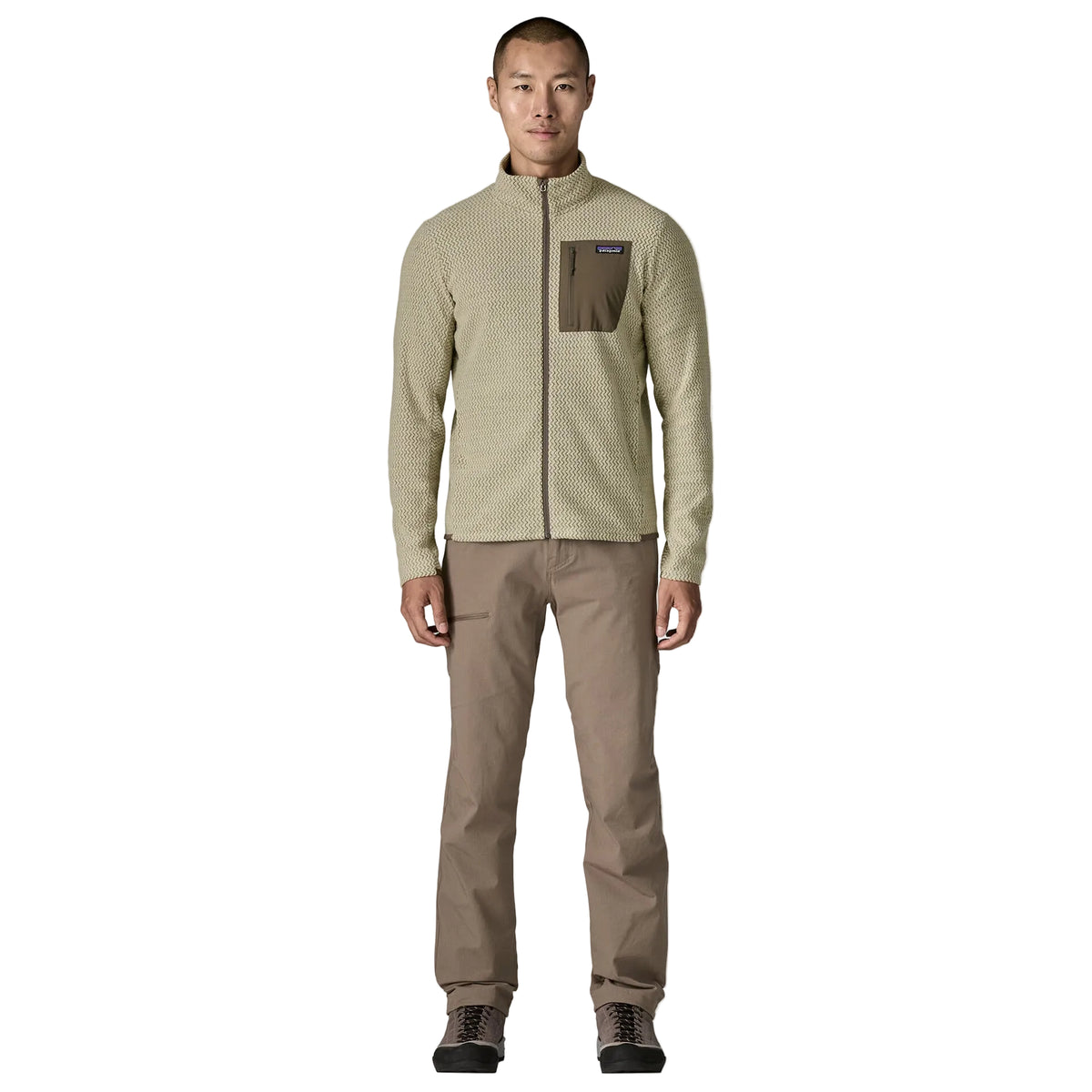 Patagonia Men's R1 Air Fleece Jacket in Pelican with full-length front zipper, zigzag-knit recycled polyester fleece, zippered chest pocket and two front pockets.